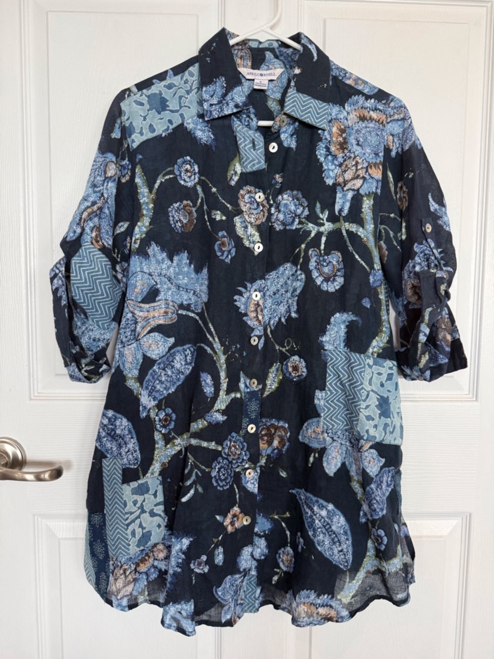 April Cornell linen button up tunic length top pockets patchwork blue floral